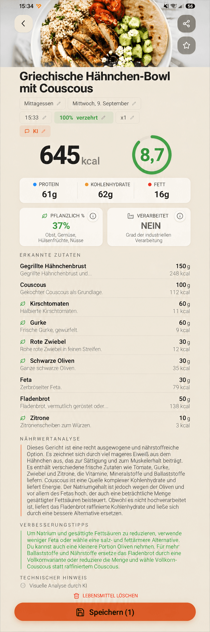 Analyse einer griechischen Hähnchen-Bowl mit Couscous: 645 kcal, 61 g Eiweiß, 62 g Kohlenhydrate und 16 g Fett. Enthält Zutatenmengen in Gramm, Nährwertanalyse und Verbesserungstipps.