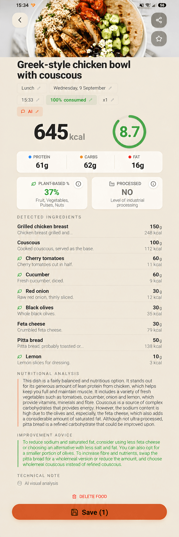 Analysis of a Greek chicken bowl with couscous: 645 kcal, 61 g protein, 62 g carbohydrates and 16 g fat. Includes ingredient quantities in grams, nutritional analysis and improvement advice.
