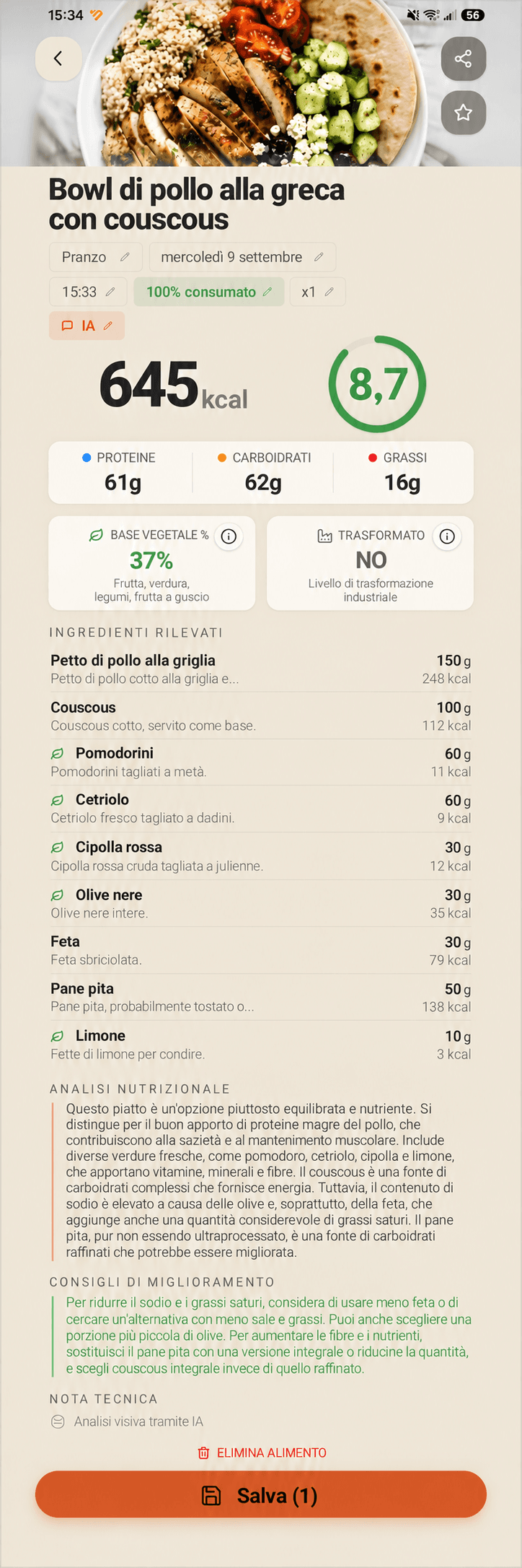 Analisi di una bowl di pollo greco con cous cous: 645 kcal, 61 g di proteine, 62 g di carboidrati e 16 g di grassi. Include le quantità degli ingredienti in grammi, l’analisi nutrizionale e consigli per migliorare.