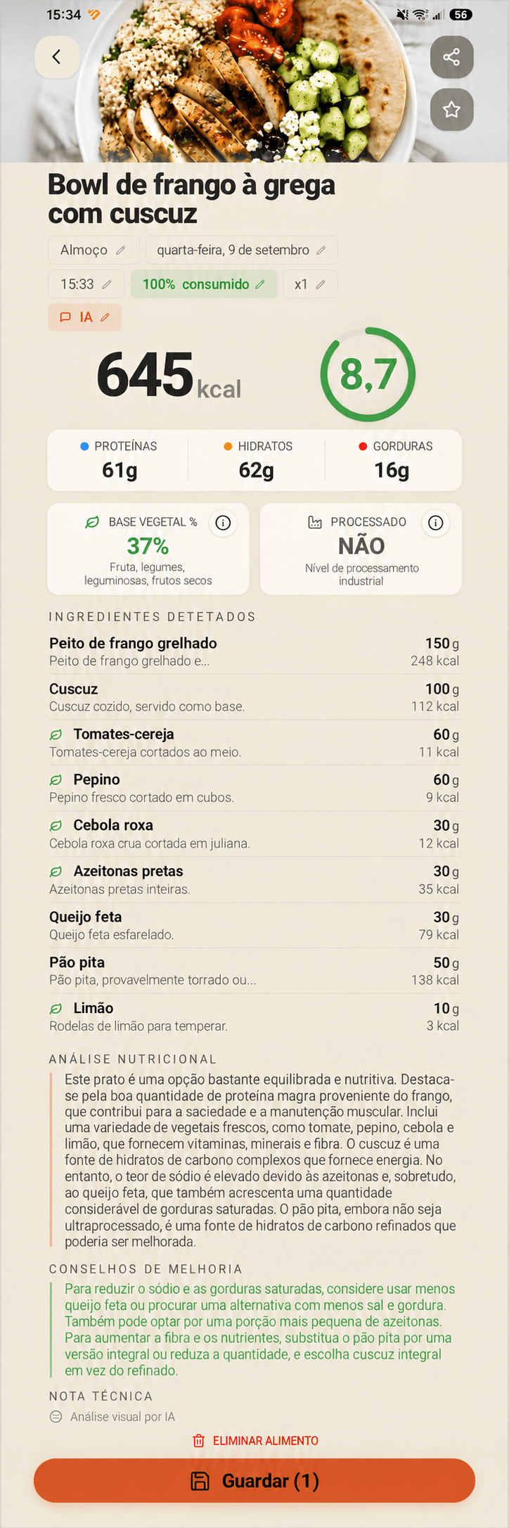 Análise de uma taça de frango grego com cuscuz: 645 kcal, 61 g de proteína, 62 g de hidratos de carbono e 16 g de gordura. Inclui quantidades dos ingredientes em gramas, análise nutricional e sugestões de melhoria.