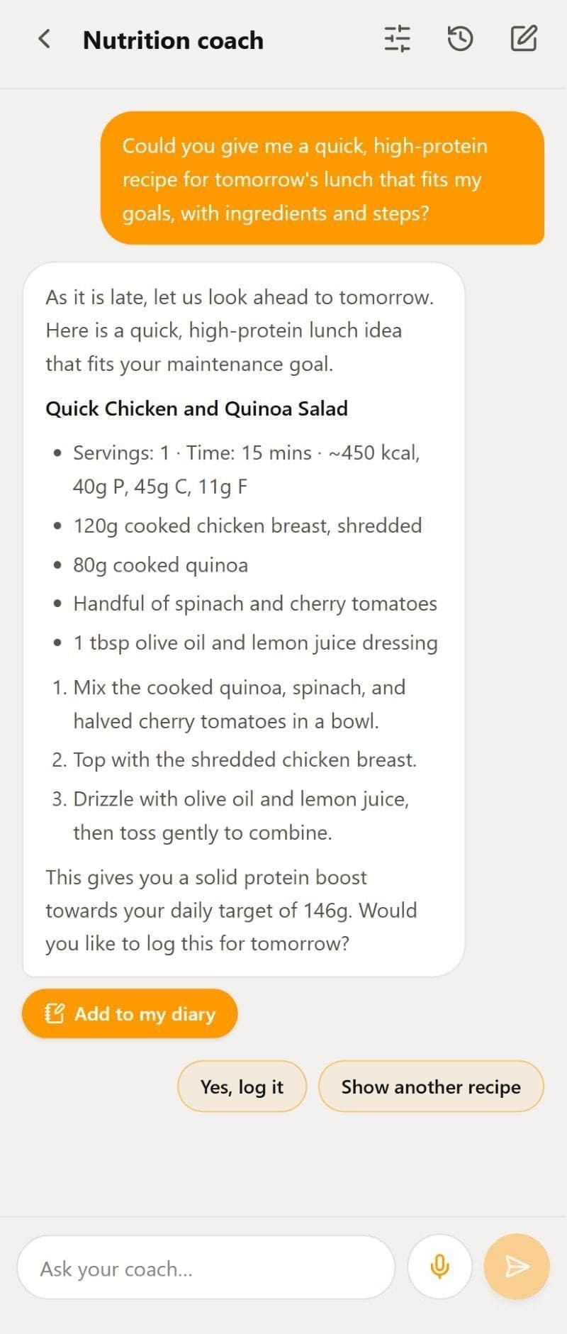 Real conversation with the Calegg nutrition coach: asking for a quick, high-protein lunch recipe for tomorrow returns a chicken and quinoa salad with ingredients, steps, estimated macros and the Add to my diary button.