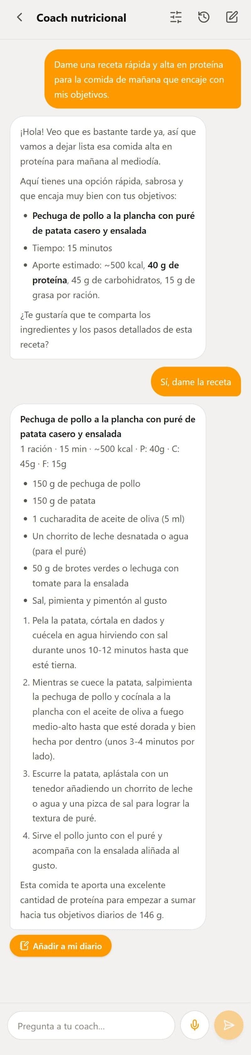 Conversación real con el Coach nutricional de Calegg: pide una receta rápida y alta en proteína para la comida de mañana y recibe una pechuga de pollo a la plancha con puré de patata y ensalada, con ingredientes, pasos, macros estimados y el botón Añadir a mi diario.