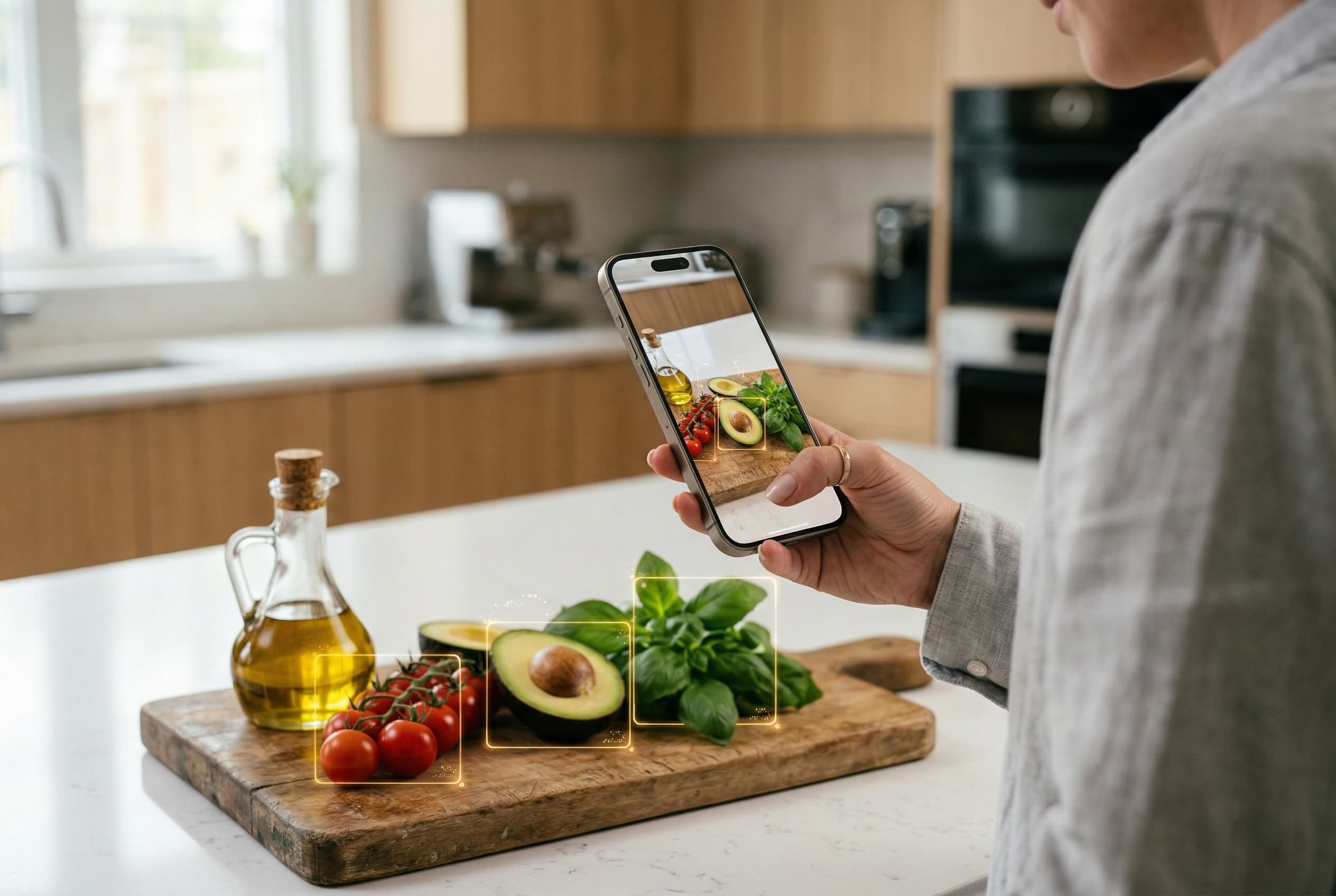 Person photographing a healthy meal for AI nutritional analysis